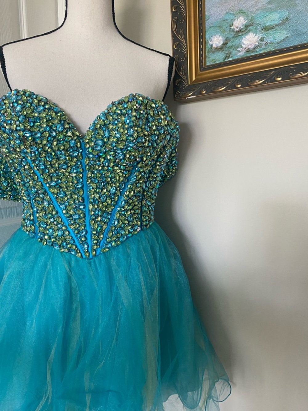 Sherri Hill gem encrusted Strapless Party Dress with flouncy skirt